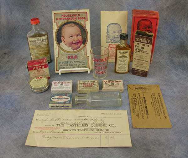 a vintage photo of grove's tasteless chill tonic that E.W. sold that led to his immense wealth.