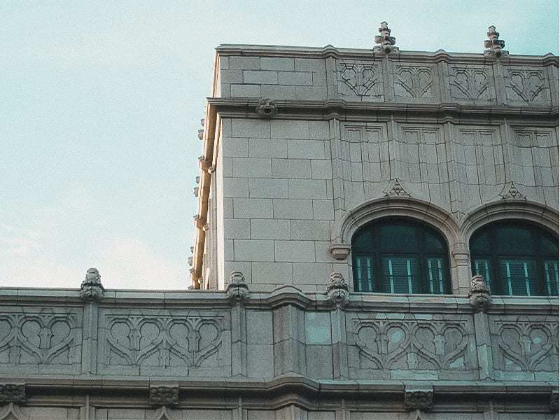 a wide shot of some of the heart shaped designs on the exterior of Grove Arcade