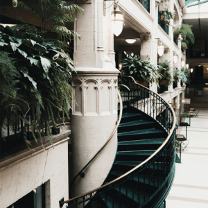a photo of the staircase located in the north Grove Arcade